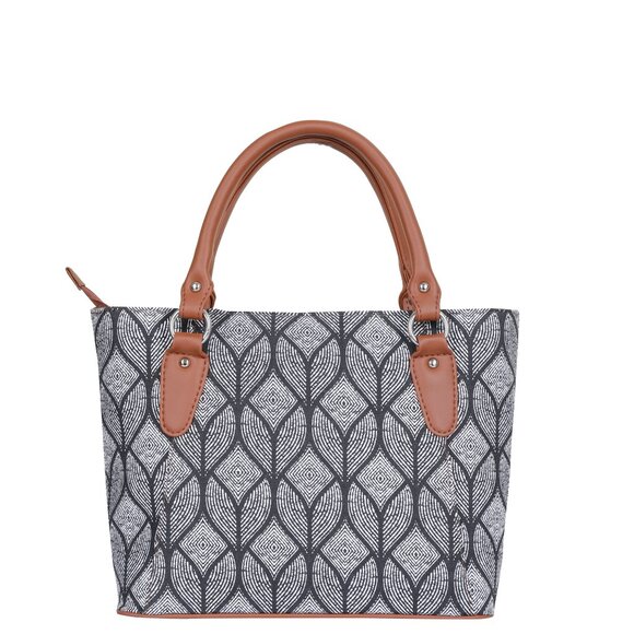 Hand Crafted Monochrome Printed Fabric Women Top Handle Handbag, Satchel Purse - Picture 10 of 11